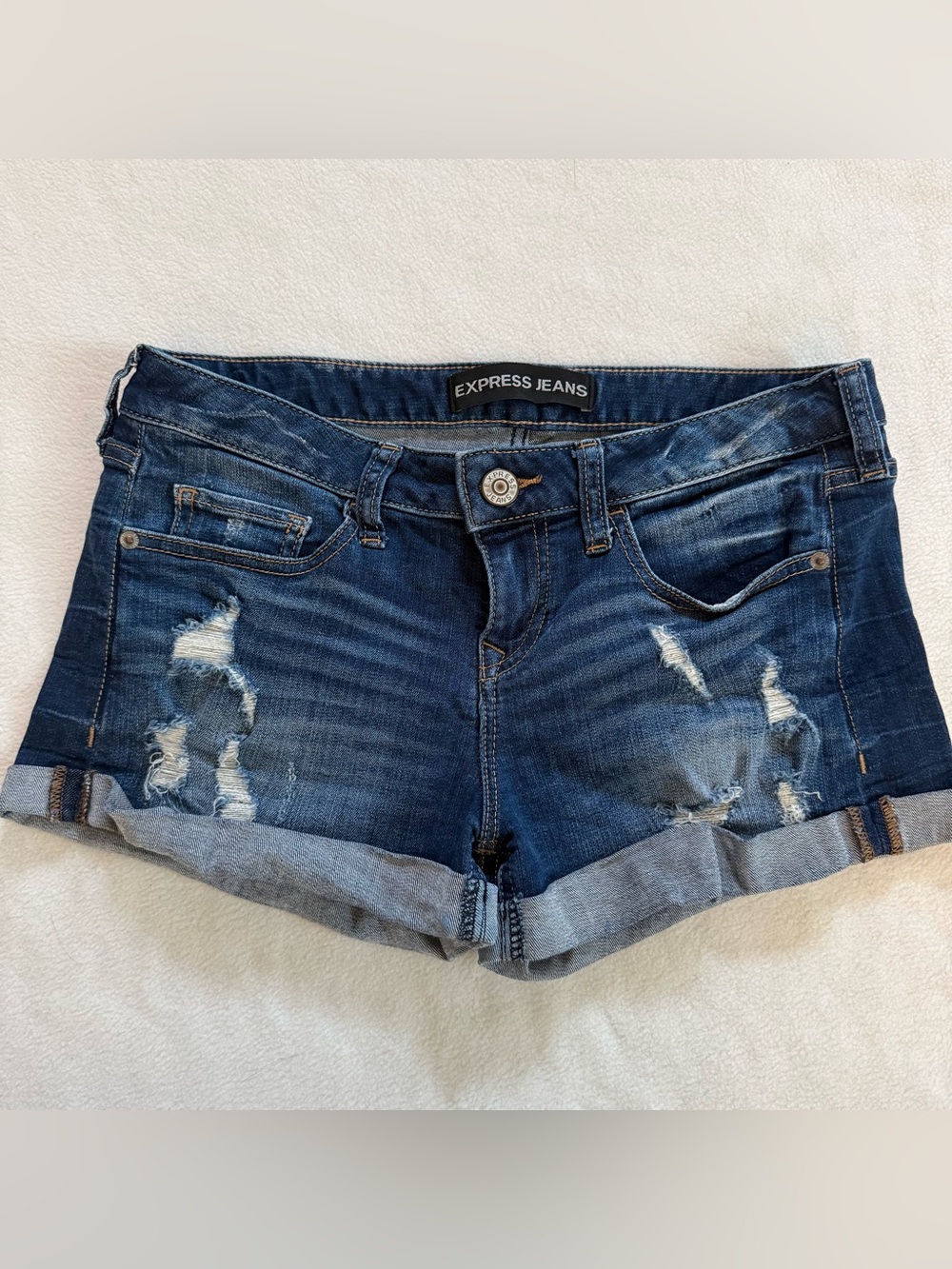 Low Rise Express Jeans Dark Blue Distressed Cuffed Denim Shorts